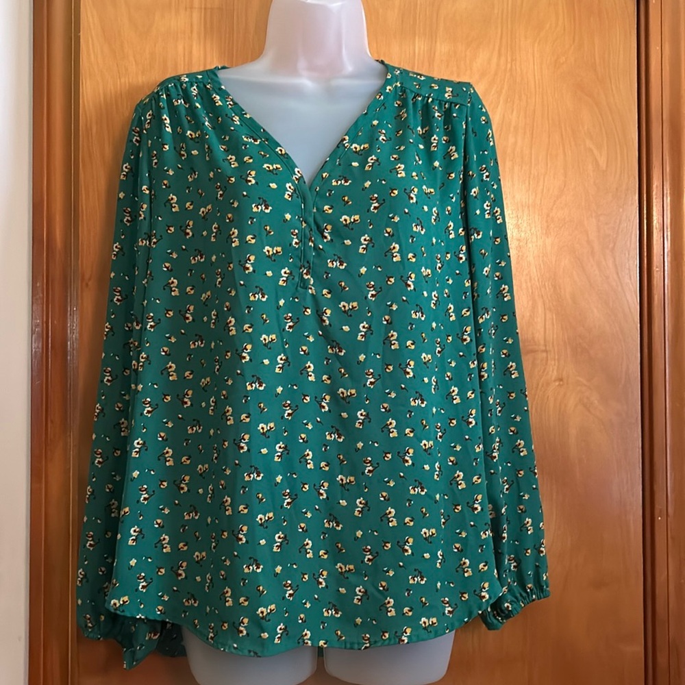 Pleione Green Floral V-Neck Long Sleeve Blouse - Picture 2 of 5